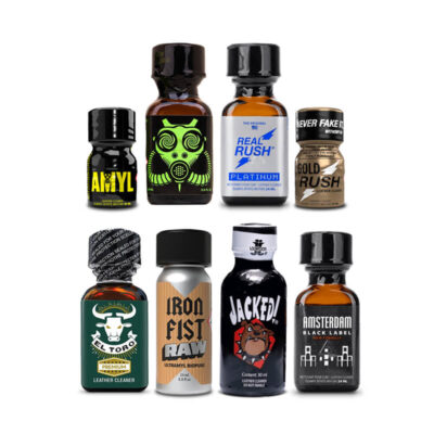 New Edge Addicts Anonymous 8x-Mix Poppers Pack A collection of 8 Edge Addicts cleaning solvent bottles in a Mix Poppers Pack bundle with secure safety caps.