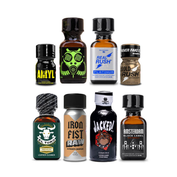 A collection of 8 Edge Addicts cleaning solvent bottles in a Mix Poppers Pack bundle with secure safety caps.