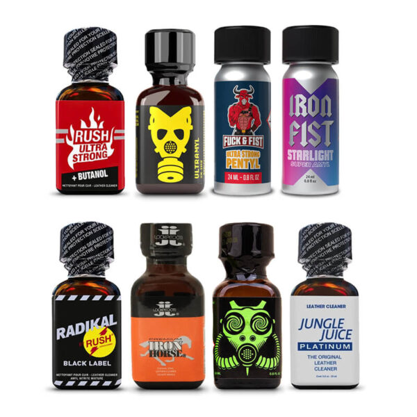 8 bottles of Epic Edge cleaning solvent in a Mix Poppers Pack bundle, showing the blue and silver labels and secure caps.