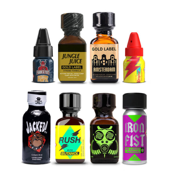 A 8-bottle bundle of Extreme Heat cleaning solvent, showing the professional labels and secure safety caps for the Mix Poppers Pack.