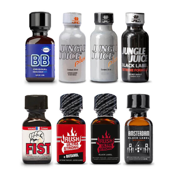 A 8-pack bundle of Fire Fusion cleaning solvent bottles with red and orange labels, showing the secure leak-proof caps.