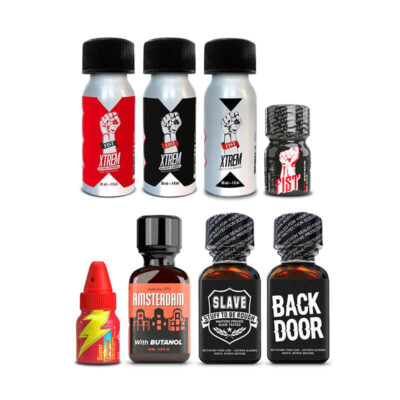 New Hard Hit 8x-Mix Poppers Pack Eight bottles of Hard Hit cleaning solvent in a Mix Poppers Pack bundle, showing the high-quality glass and safety caps.