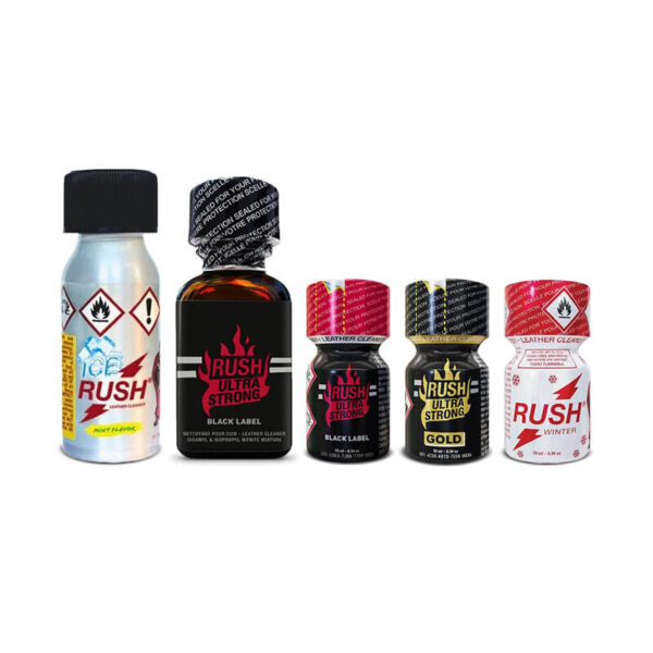 A selection of 5 bottles from the Heat Wave Mix Poppers Pack, displayed together to show the variety of high-potency formulas included in this value bundle.