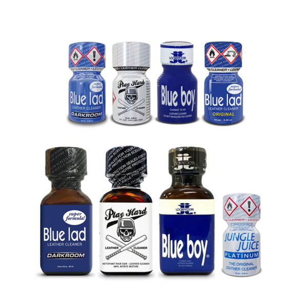 A bundle of 8 bottles from the Jockstrap Jolt Mix Poppers Pack, showing the professional labels and secure safety seals.