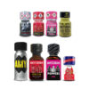A collection of 8 glass bottles from the Leather Lockdown Mix Poppers Pack, showing the labels and secure caps for safe storage.