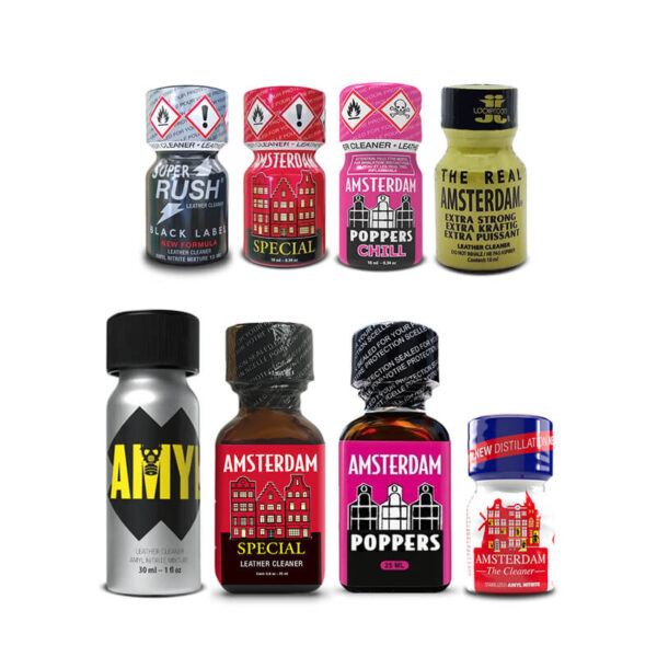 A collection of 8 glass bottles from the Leather Lockdown Mix Poppers Pack, showing the labels and secure caps for safe storage.