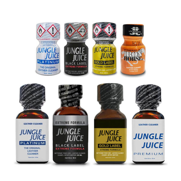 Group shot of eight bottles from the No Limits Demons Mix Poppers Pack, showcasing the hardcore "Demons" branding and variety of high-strength formulas.