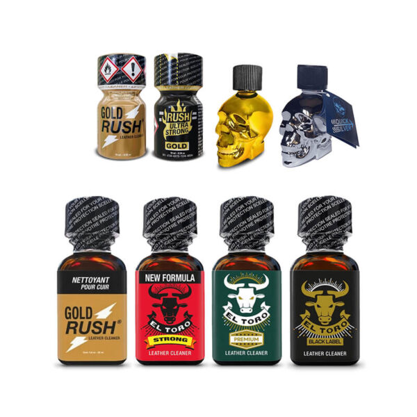 A collection of eight bottles of Puppy Play Power cleaning solvents, showcasing the 8x Mix Poppers Pack bundle for variety and value.