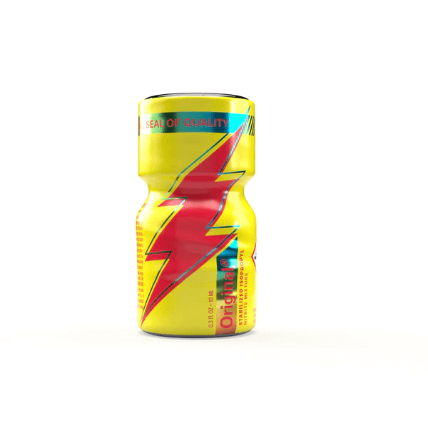 Original Poppers 10ml bottle with vibrant yellow and red packaging featuring a lightning bolt design, isolated on a white background