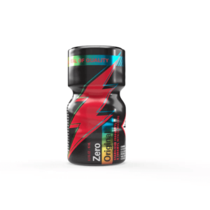 Original Zero Poppers 10ml bottle displaying vibrant black, red, and blue lightning design with a seal of quality, isolated on a white background.