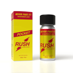 Pocket Rush Poppers 30ml displayed next to its bright yellow box with bold red text and lightning bolt graphics, marketing as a leather cleaner.