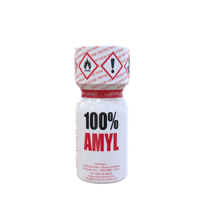 Poppers 100% Amyl 15ml bottle with red and white label and safety warnings on white background