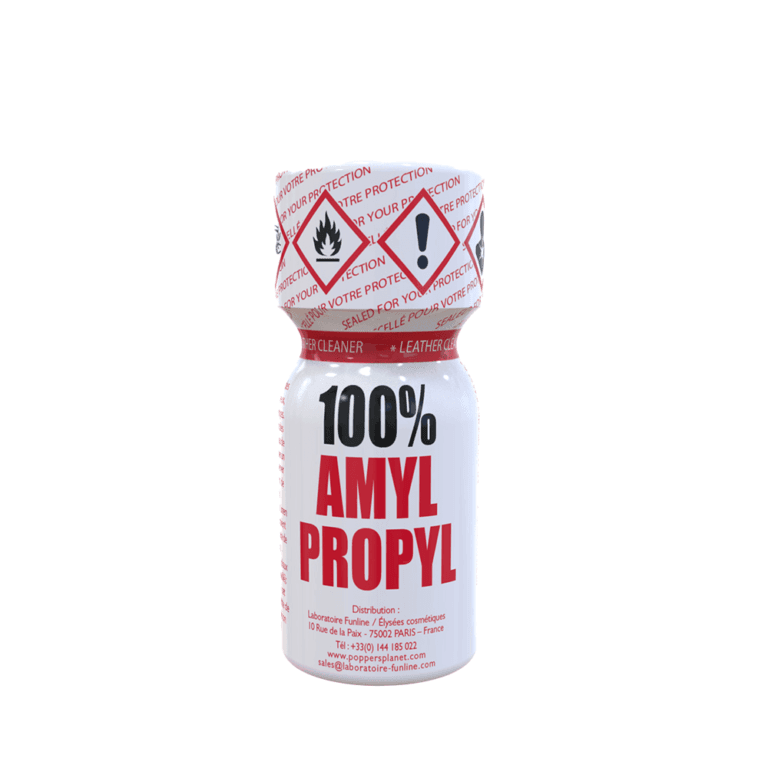 Bottle of Poppers 100% Amyl Propyl 15ml, featuring red and white warning labels, marketed as leather cleaner and room odorizer.