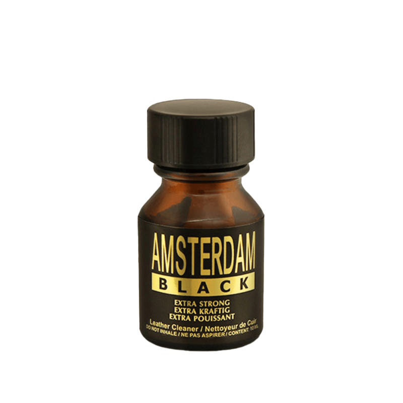 Amsterdam Black Poppers 10ml bottle, extra strong formulation, depicted on a plain background, clearly shows product labeling including usage as a leather cleaner.