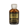 Poppers Amsterdam Black 24ml amber glass bottle sealed with a white warning label cap, featuring gold text describing it as "Extra Strong Leather Cleaner".