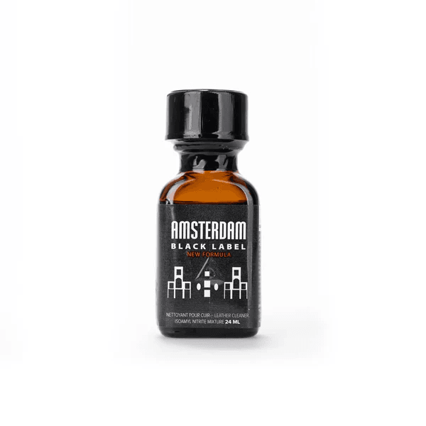 Amsterdam Black Label New Formula Poppers 24ml in a dark amber bottle with black cap and label featuring simple white skyline graphics