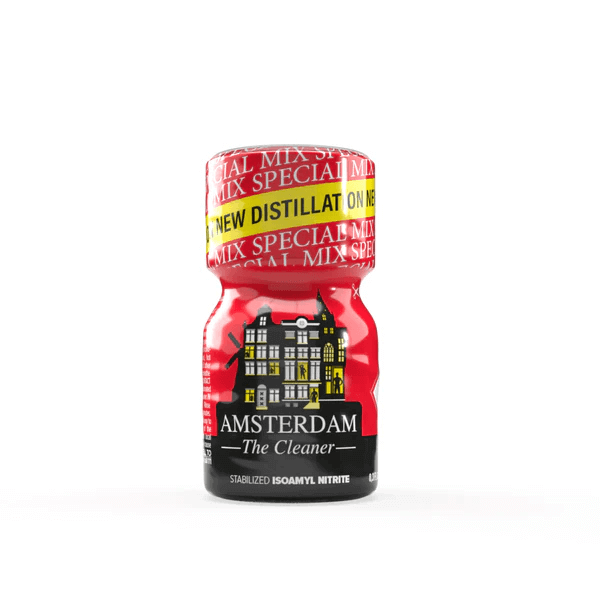 Close-up of Poppers Amsterdam Special 10ml bottle featuring detailed product labels and new special mix distillation text, isolated on white.