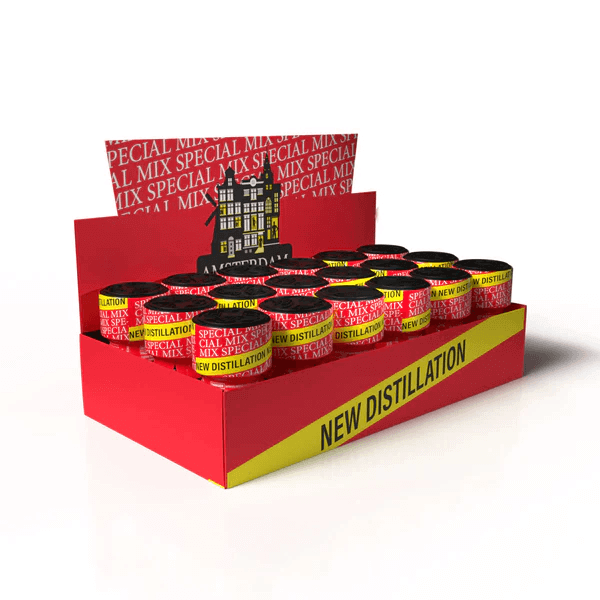 Box of 18 Pack Poppers Amsterdam Special 10ml bottles with red packaging and new distillation branding, displayed on white background.