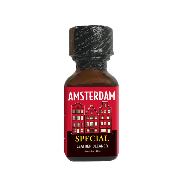 Poppers Amsterdam Special 25ml - Funline® Poppers Amsterdam Special 25ml bottle with a sealed black cap and a vibrant red label featuring white and gold Amsterdam canal house graphics and "Leather Cleaner" text.