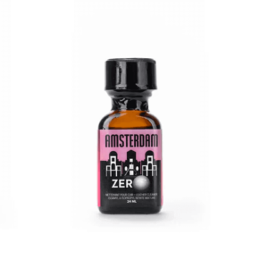 Amsterdam Zero Poppers 24ml bottle with a black cap on a colorless bottle. The label is pink and black with a silhouette of the Amsterdam skyline, labeled as 'Amsterdam Zero' and identified as a "Leather Cleaner".