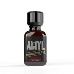 Poppers Amyl Double Black Ultra Strong 24ml, isopropanol-free formula in a clear glass bottle with black cap, clearly displayed against a white background.