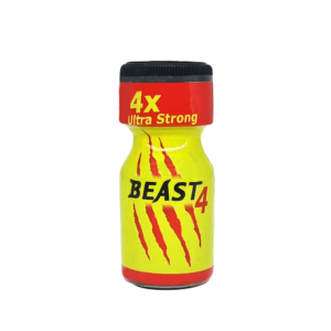 Poppers Beast 4 Ultra Strong 10ml bottle with vivid yellow label and red cap displayed on a white background.