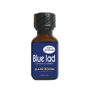 Poppers Blue Lad Darkroom 25ml, a leather cleaner bottle with super formula, prominently featuring a blue label and a sealed black cap, isolated on a white background.