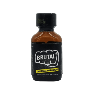 Poppers Brutal Original Formula 24ml, brown bottle with black label featuring white and yellow text, isolated on white background.