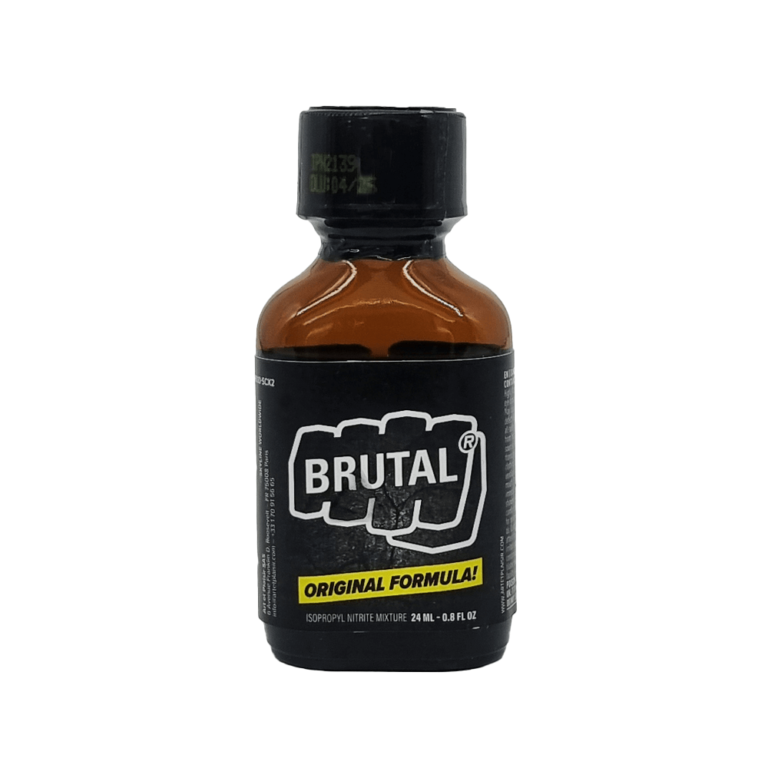 Poppers Brutal Original Formula 24ml, frasco marrón con etiqueta negra con texto blanco y amarillo, aislado sobre fondo blanco.