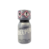 Poppers Deeper Extra Strong 13ml, a cleaning product in a small metallic bottle with a white label and safety warnings.