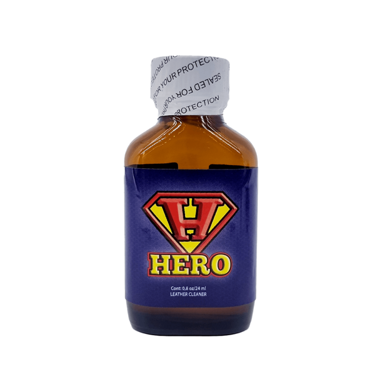 Frasco limpiador de cuero Poppers Hero 24ml con el logotipo "H" rojo y amarillo sobre fondo morado, sellado con envoltorio de seguridad.