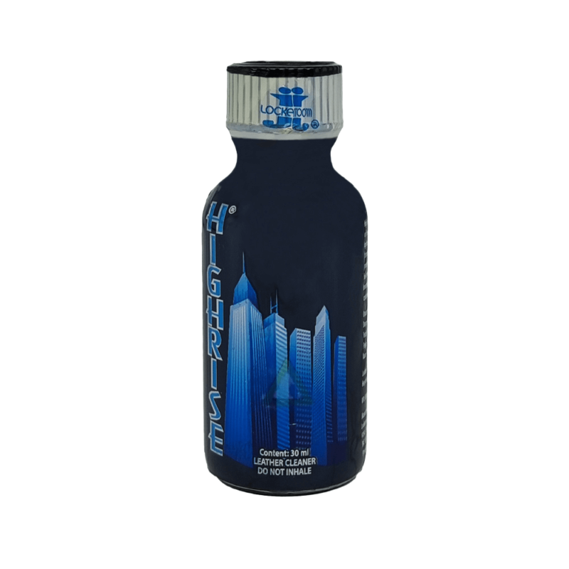 Product image of Poppers Highrise City Hexyl 30ml in a dark blue bottle with a skyline graphic, labeled as leather cleaner and with a caution to not inhale.