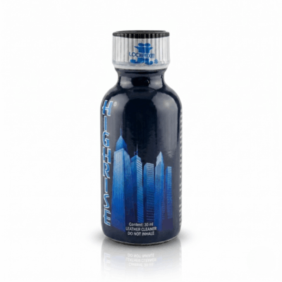 Poppers Highrise City Hexyl 30ml new Product image of Poppers Highrise City Hexyl 30ml in a dark blue bottle with a skyline graphic, labeled as leather cleaner and with a caution to not inhale.