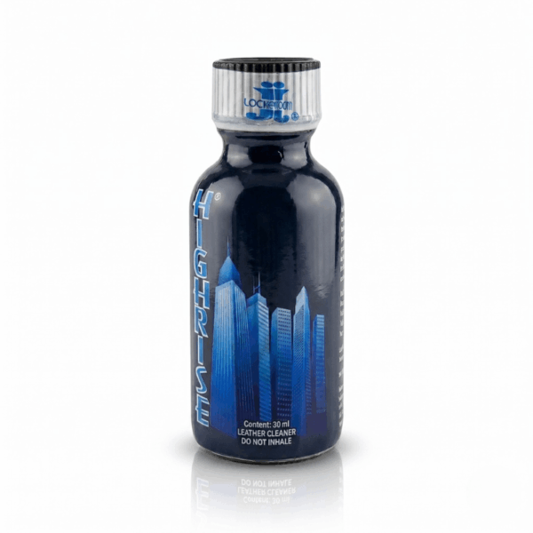 Poppers Highrise City Hexyl 30ml new Product image of Poppers Highrise City Hexyl 30ml in a dark blue bottle with a skyline graphic, labeled as leather cleaner and with a caution to not inhale.