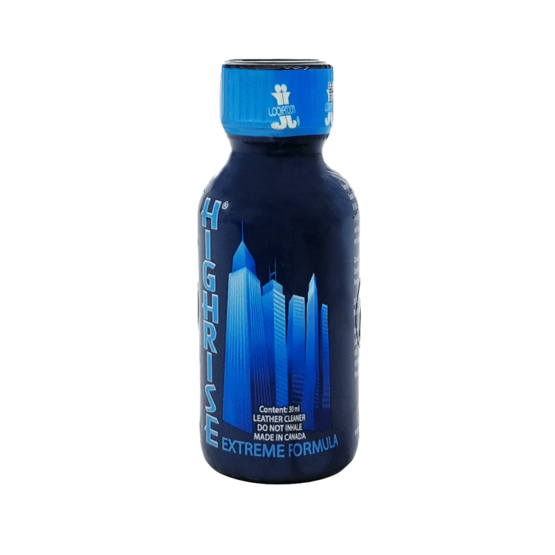 Poppers Highrise Extreme Formula 30ml bottle, featuring a sleek dark blue design with urban skyline graphics and white text highlighting its leather cleaner purpose, made in Canada.