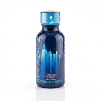 Poppers Highrise Extreme Formula 30ml new Poppers Highrise Extreme Formula 30ml bottle, featuring a sleek dark blue design with urban skyline graphics and white text highlighting its leather cleaner purpose, made in Canada.
