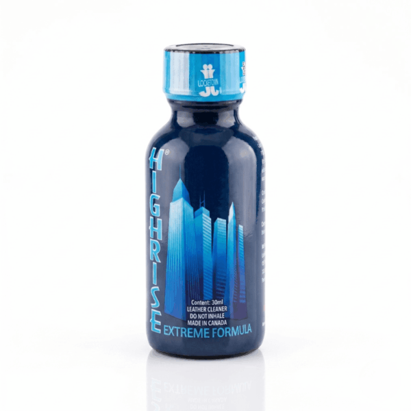 Poppers Highrise Extreme Formula 30ml bottle, featuring a sleek dark blue design with urban skyline graphics and white text highlighting its leather cleaner purpose, made in Canada.