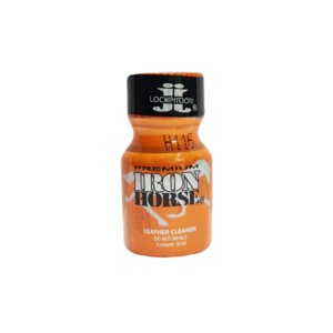 Poppers Iron Horse 10ml premium leather cleaner bottle with orange label and black cap.