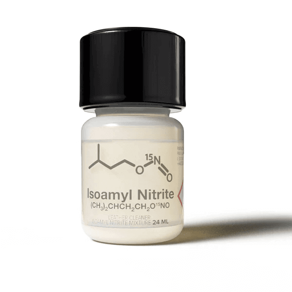 Poppers Isoamyl Nitrite 24ml bottle with chemical structure label on a white background