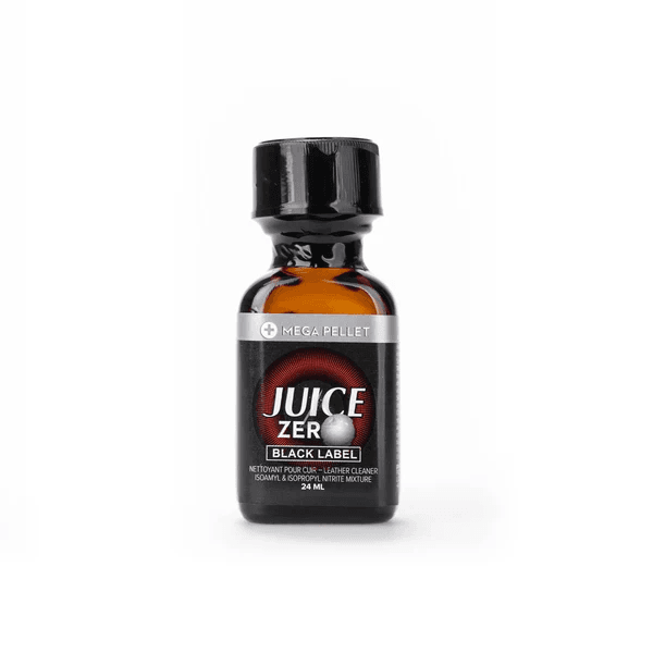 Juice Zero Black Label Poppers 24ml bottle, amber-colored glass with black cap and red label, prominently displaying the brand name and product type.