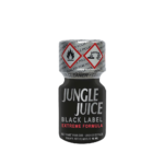 Poppers Jungle Juice Black Label 10ml bottle with black and red label displaying extreme formula and warning symbols, designed as a leather cleaner.