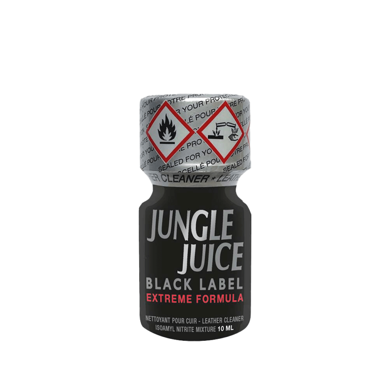 Poppers Jungle Juice Black Label 10ml bottle with black and red label displaying extreme formula and warning symbols, designed as a leather cleaner.