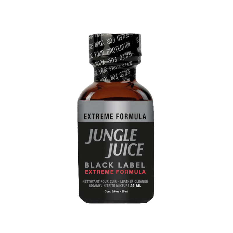 Jungle Juice Black Label Poppers 25ml bottle with black and white label displaying "Extreme Formula" and leather cleaner details.