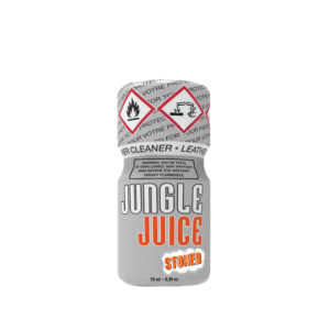 10ml bottle of Poppers Jungle Juice Stoned, featuring prominent safety warning labels and a gray and orange design.