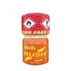 Poppers Maxi Rush 20ml bottle featuring bright orange and red labels, prominent warning symbols, and text highlighting its leather cleaning capabilities.