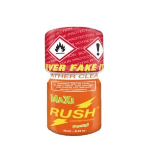 Poppers Maxi Rush 20ml bottle featuring bright orange and red labels, prominent warning symbols, and text highlighting its leather cleaning capabilities.