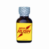 Poppers Mega Rush 25ml leather cleaner in a brown glass bottle with a yellow and red label featuring lightning bolts, emphasizing the product branding and packaging.