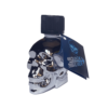 Quick Silver Skull Poppers 25ml bottle designed as a reflective silver skull with black cap and attached blue label featuring a skull logo and brand name.