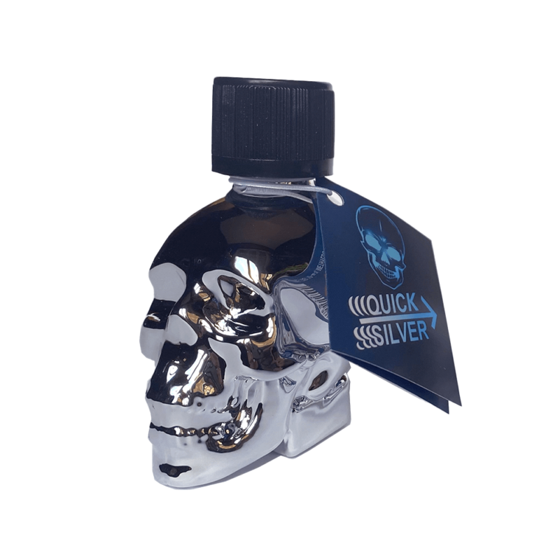 Quick Silver Skull Poppers 25ml bottle designed as a reflective silver skull with black cap and attached blue label featuring a skull logo and brand name.