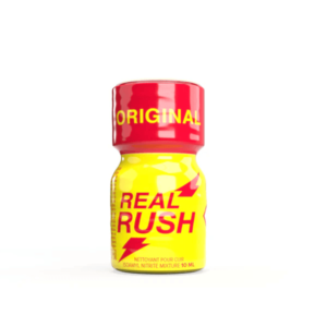 Poppers Real Rush 10ml bottle with a bright yellow label and red cap displayed on a white background.